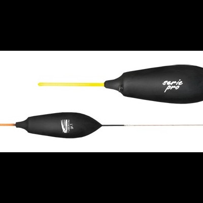 Dois flotadores de pesca pretos com ponteiras coloridas e inscrições brancas