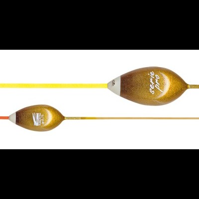 Dois floates de pesca dourados e brancos com detalhes amarelos e texto