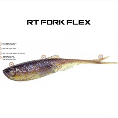 Isca artificial RT FORK FLEX em formato realista de peixe com corpo flexível e cauda bifurcada
