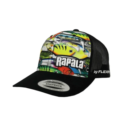 Boné snapback com padrão iscas de pesca e logótipo Rapala
