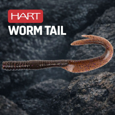 Isco artificial HART WORM TAIL castanho com pontinhos pretos e roxos em fundo de pedras escuras