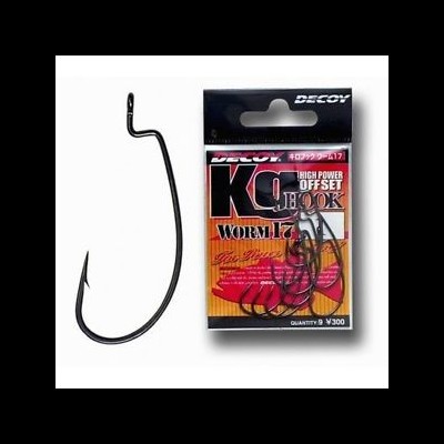 Anzol de pesca preto modelo K9 Worm 17 em embalagem com texto e preço