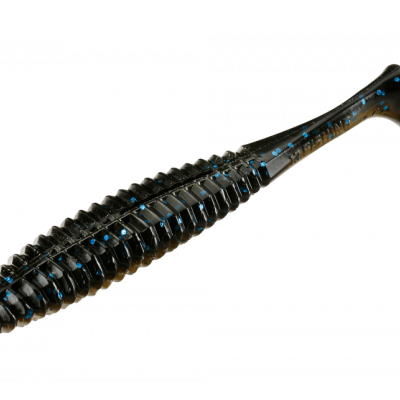 Isca de pesca preta com pontos azuis e cauda paddle