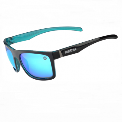 Óculos de sol com lentes espelhadas azuis e armação preta e azul