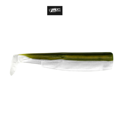 Isca de pesca artificial verde e branco com cauda em forma de pá