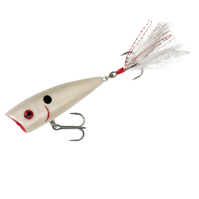 Isca de pesca popper branca com olhos e penas coloridas