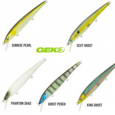 Cinco iscos de pesca coloridos da marca GEKO em várias cores e padrões