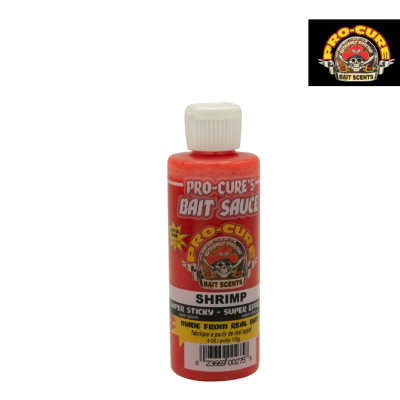 Frasco vermelho de Pro-Cure's Bait Sauce sabor Shrimp com tampa branca