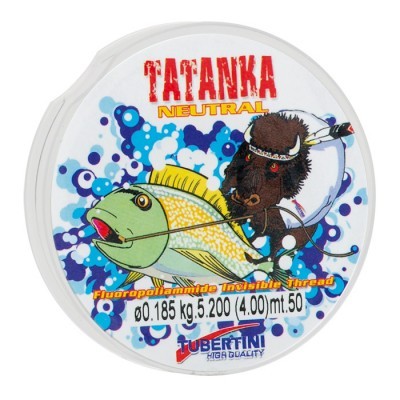 Embalagem redonda de linha de pesca com ilustração de peixe e bisão e texto TATANKA NEUTRAL