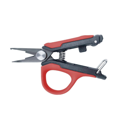 Alicate multifunções com cabo preto e vermelho e lâminas metálicas