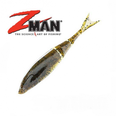 Isca artificial em forma de peixe com padrão castanho e preto e logotipo ZMAN