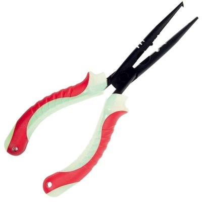 Alicate de ponta longo vermelho e branco com parte metálica preta