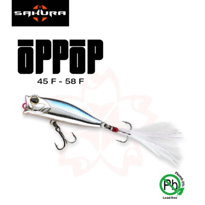 Isca de pesca artificial prateada e azul com penas brancas, anzóis, marca SAKURA e texto ÖPPÖP 45F-58F.