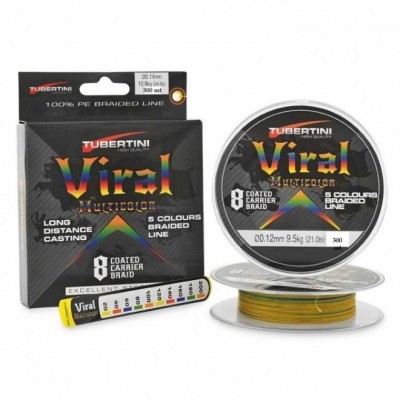 Linha de pesca Tubertini Viral Multicolor em caixa preta e carretel com linha multicolorida