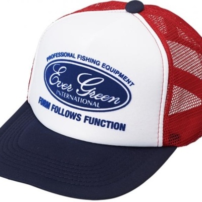 Boné de rede vermelho, branco e azul com texto impresso