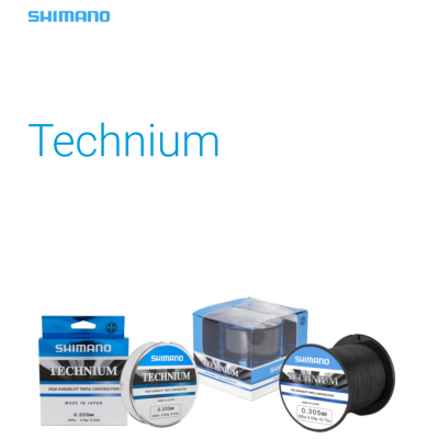 Rolos de linha de pesca Shimano Technium em embalagens azul, branco e preto