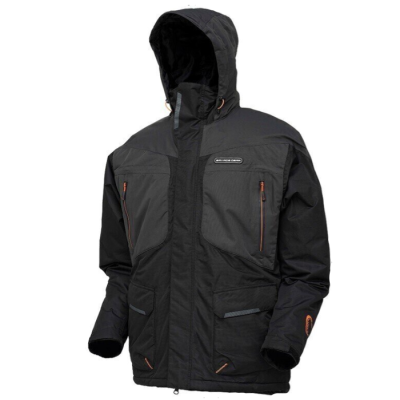 Casaco de inverno preto com capuz e vários bolsos com fecho