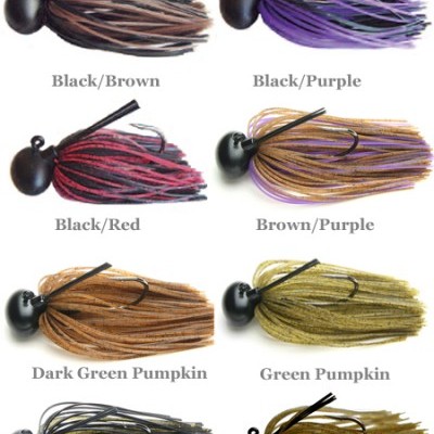 Diversos jigs de pesca coloridos com saias de silicone em várias combinações de cores.