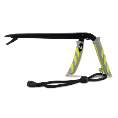 Ferramenta para apanhar objetos com braço longo preto e punhos cinza e amarelos