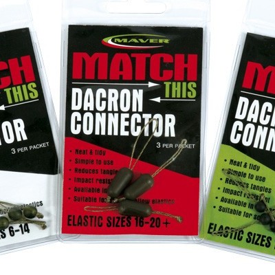 Três embalagens de conectores de dacron para pesca MAVER com diferentes tamanhos elásticos.