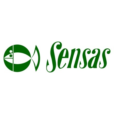 Logotipo verde da Sensas com símbolo de peixe e texto em fundo branco