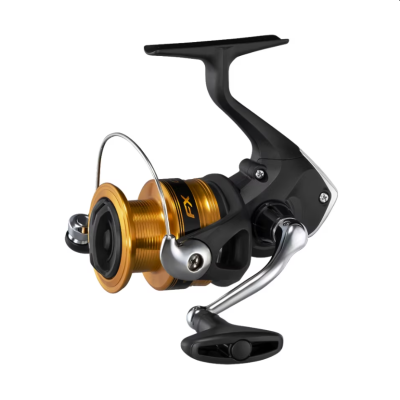 Carretel de pesca preto e dourado com manivela prateada