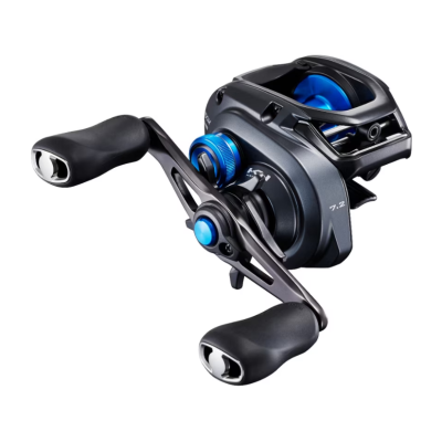 Carretel de pesca preto e azul com manípulos ergonómicos pretos