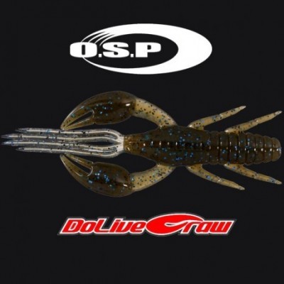 Isco artificial de pesca castanho esverdeado com pontos azuis e textos O.S.P e DoLive Craw