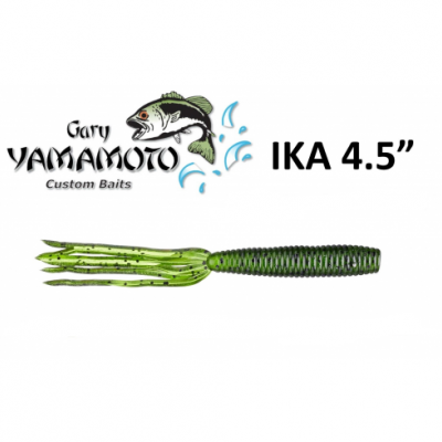 Isca artificial verde com pontos pretos e tentáculos, texto Gary Yamamoto IKA 4.5''