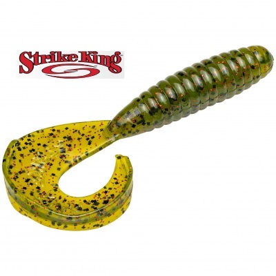 Isca artificial Strike King verde e amarela com pontos pretos e laranja