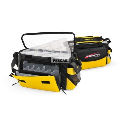 Saco de pesca Tubertini amarelo e preto com caixas plásticas transparentes