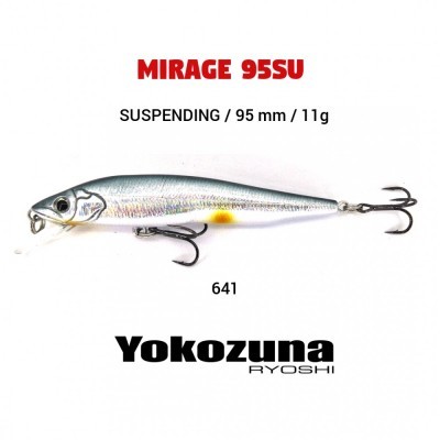 Isco artificial Mirage 95SU prateado com ganchos triplos sobre fundo branco com texto e logo