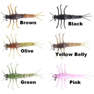 Seis iscas artificiais para pesca em várias cores: marron, preto, verde-oliva, amarelo, verde e rosa.