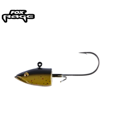 Isca de pesca Fox Rage vermelha, verde dourado com anzol em fundo branco