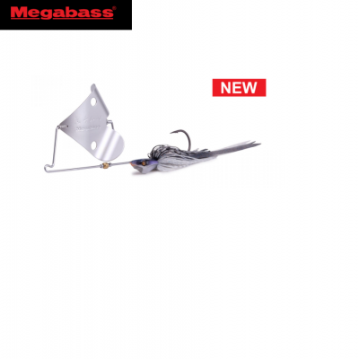 Isco de pesca Megabass com lâmina metálica e corpo cinza e preto, em fundo branco.