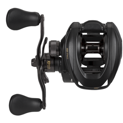 Carretel de pesca preto com pegas ergonómicas e texto HELI PRO 10