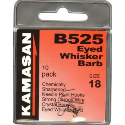 Embalagem de anzóis de pesca Kamasan B525 Eyed Whisker Barb tamanho 18
