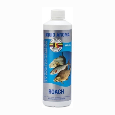 Frasco branco de líquido aroma para pesca com imagens de peixes e texto ROACH