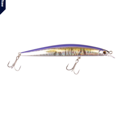 Isca de pesca artificial com corpo prateado e roxo e dois anzóis duplos