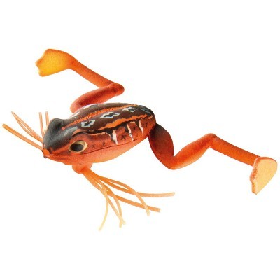 Isca artificial de pesca em forma de rã preta e laranja com pernas dobradas