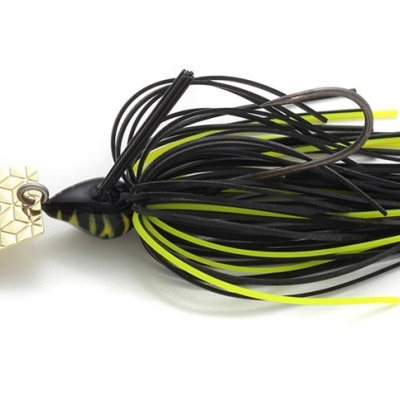 Spinnerbait preto e amarelo para pesca com lâmina metálica prateada e padrão hexagonal