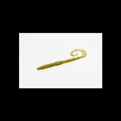 Isco artificial verde translúcido com pontos pretos e cauda em espiral sobre fundo branco