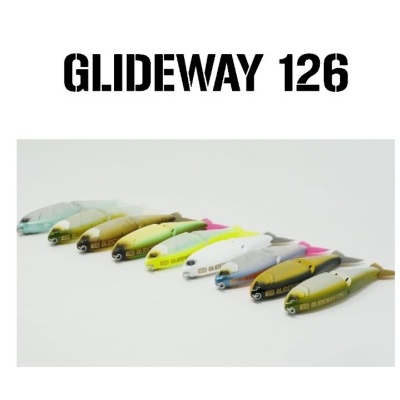 Conjunto de nove iscos artificiais GLIDEWAY 126 em várias cores dispostos em linha sobre fundo branco.