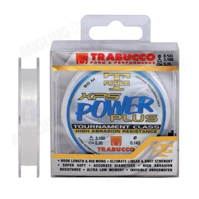 Linha de pesca Trabucco XPS Power Plus em embalagem transparente com várias informações impressas