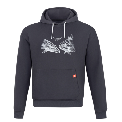 Sweatshirt cinzenta com capuz, cordões brancos, estampa de peixes e bolso frontal.