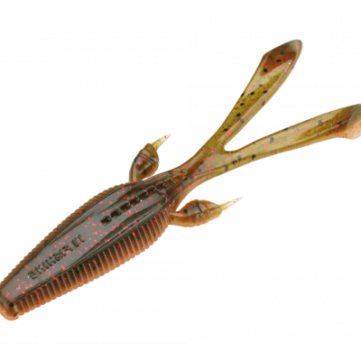 Isca artificial de pesca cinzenta com partículas vermelhas e pernas laranja transparentes