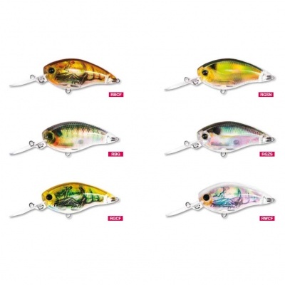 Seis iscos de pesca coloridos diferentes com etiquetas vermelhas