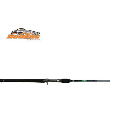 Vara de pesca preta com detalhes verdes e texto Visão Verde 20-40 lb