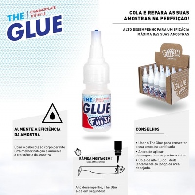 Cola instantânea The Glue em frasco branco com tampa translúcida e caixa de cartão contendo várias unidades