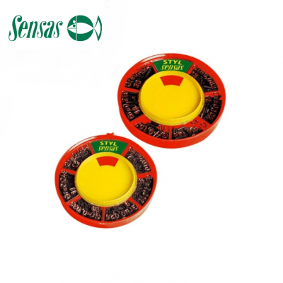 Dois roletes circulares para pesca com base vermelha e topo amarelo com texto